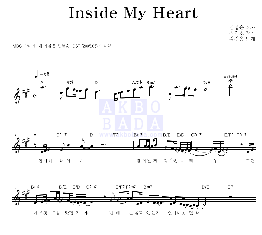 김정은(마로니에 프렌즈) - Inside My Heart 멜로디 악보 