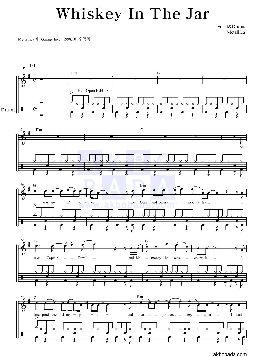 Metallica - Whiskey In The Jar 드럼 악보 