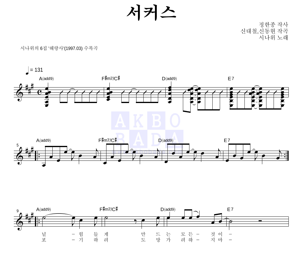 시나위 - Circus 멜로디 악보 