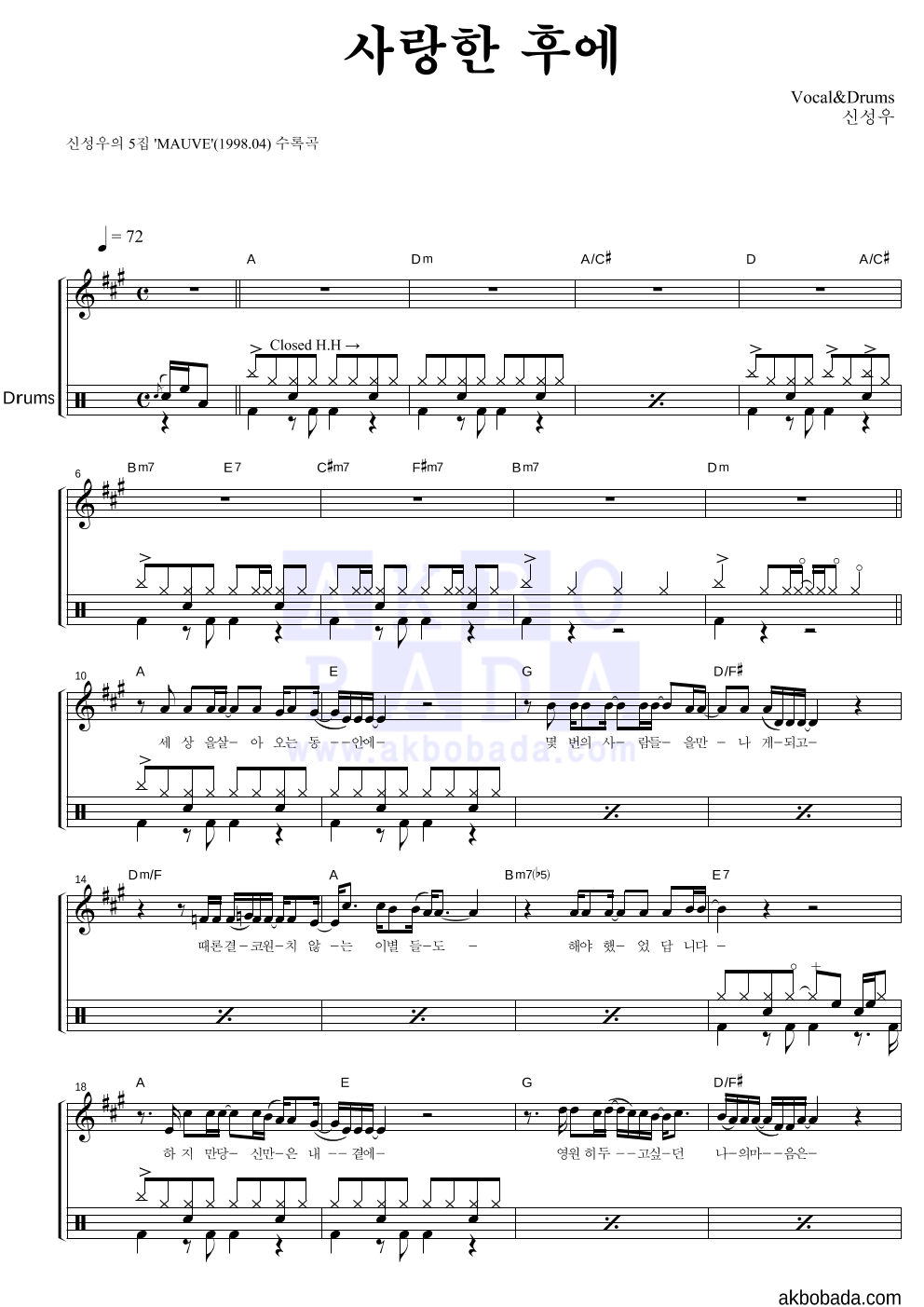 신성우 - 사랑한 후에 드럼 악보 