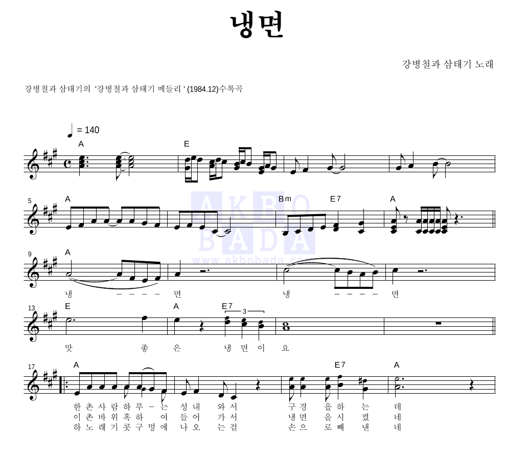 강병철과 삼태기 - 냉면 멜로디 악보 