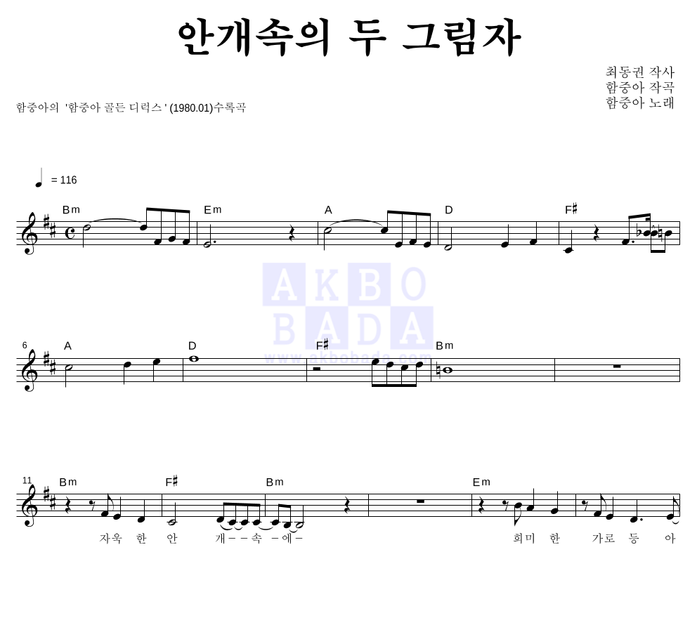 함중아 - 안개속의 두 그림자 멜로디 악보 