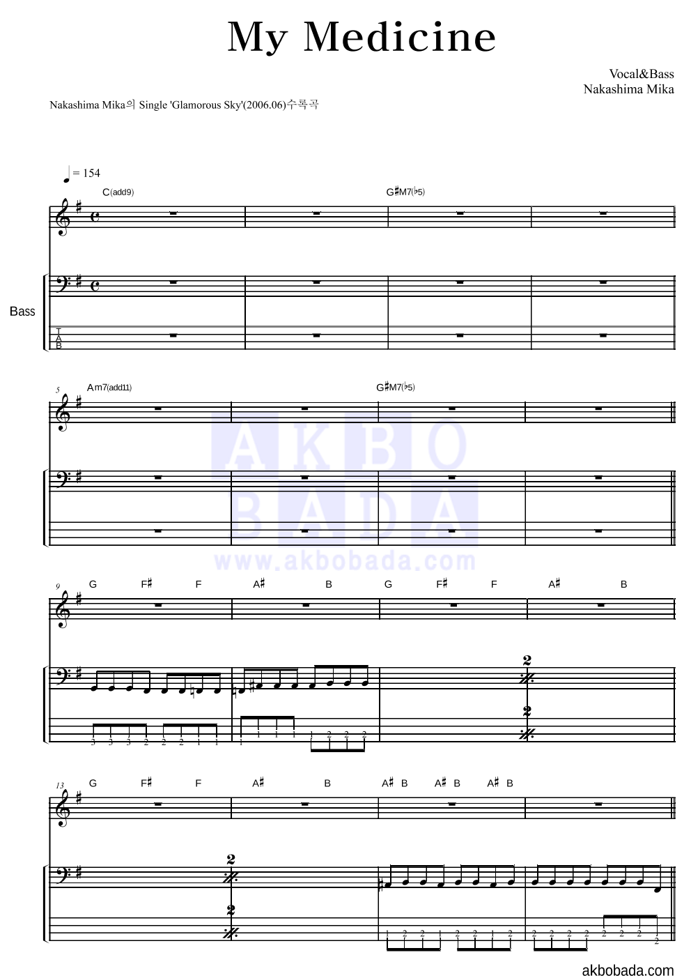 Nakashima Mika - My Medicine 베이스 악보 