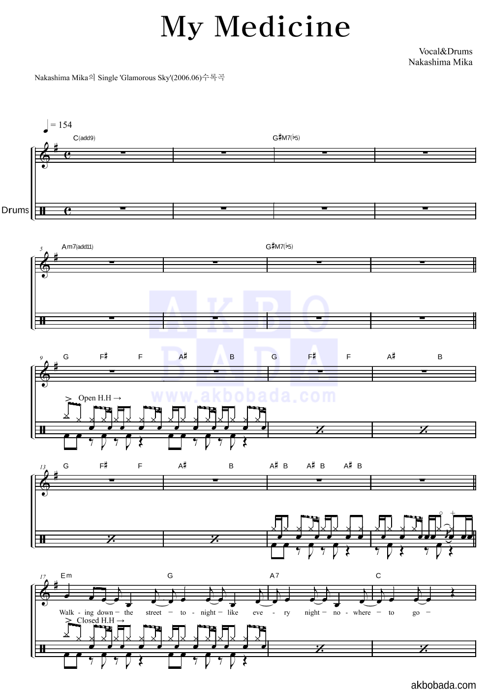 Nakashima Mika - My Medicine 드럼 악보 