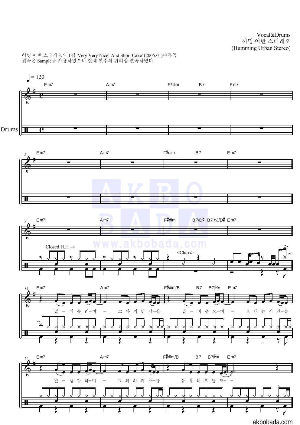 허밍어반스테레오 - Scully Doesn't Know (Korean Ver.) 드럼 악보 