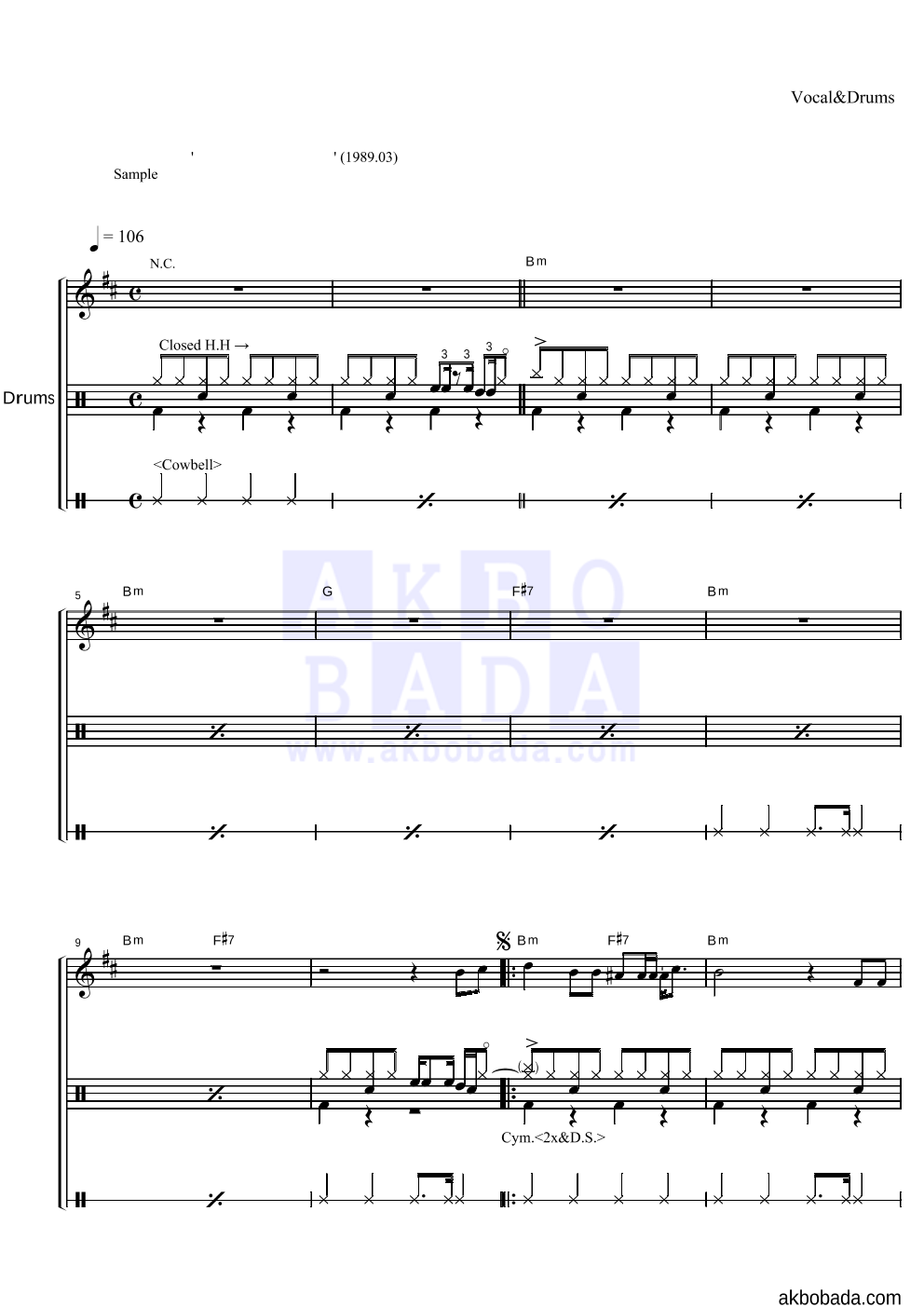 이치현과 벗님들 - 짚시여인 드럼 악보 