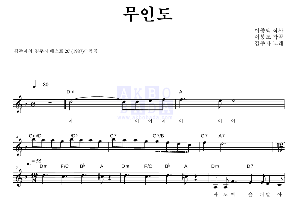 김추자 - 무인도 멜로디 악보 