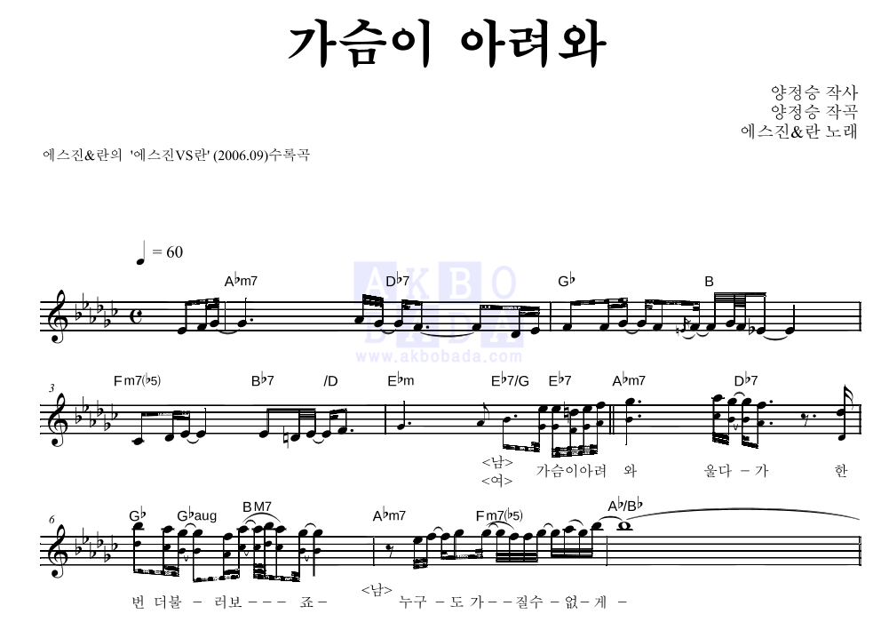에스진,란(Ran) - 가슴이 아려와 멜로디 악보 
