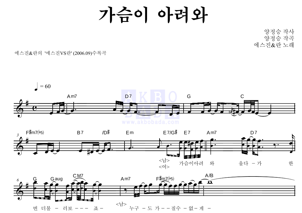 에스진,란(Ran) - 가슴이 아려와 멜로디 악보 