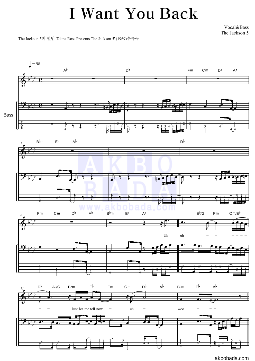 The Jackson 5 - I Want You Back 베이스 악보 