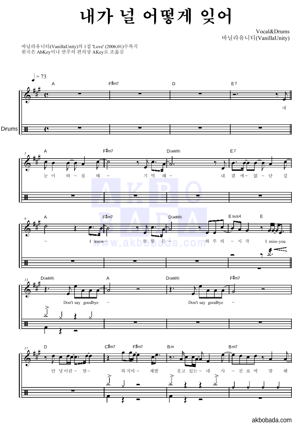 바닐라 유니티 - 내가 널 어떻게 잊어 드럼 악보 