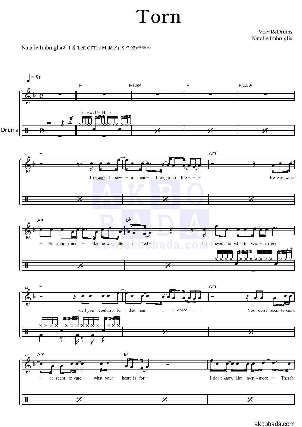 Natalie Imbruglia - Torn 드럼 악보 