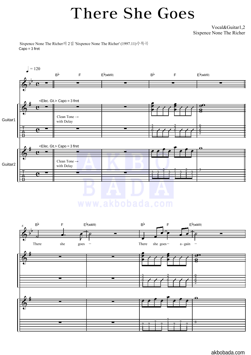 Sixpence None The Richer - There She Goes 기타1,2 악보 