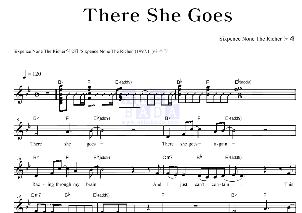 Sixpence None The Richer - There She Goes 멜로디 악보 
