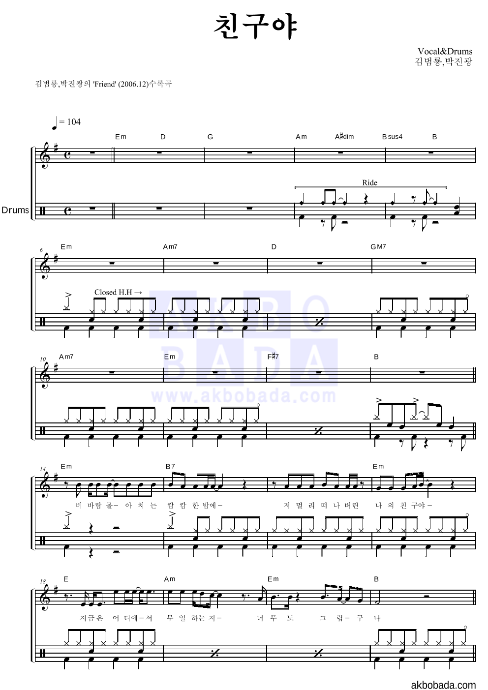 김범룡,박진광 - 친구야 드럼 악보 