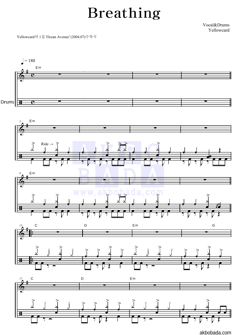 Yellowcard - Breathing 드럼 악보 