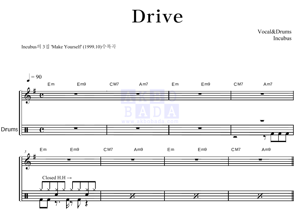 Incubus - Drive 드럼 악보 