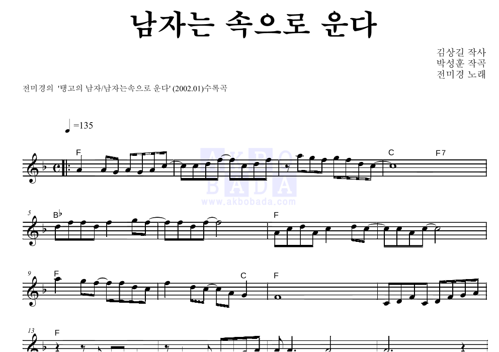 전미경 - 남자는 속으로 운다 멜로디 악보 