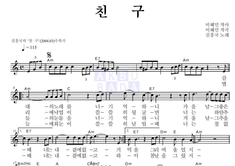김흥국 - 친구 멜로디 악보 