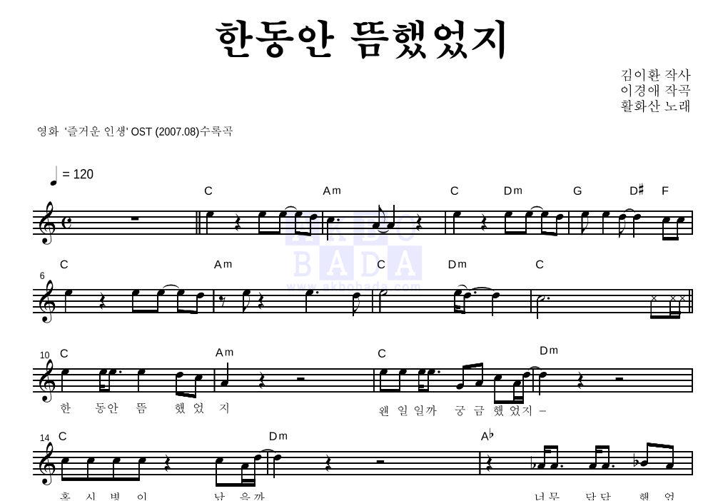 활화산 - 한동안 뜸했었지 멜로디 악보 