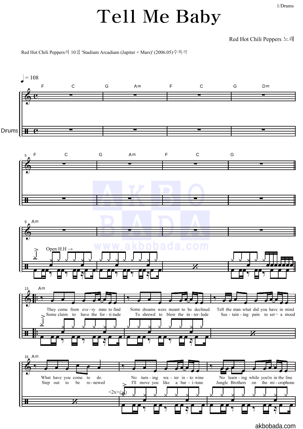Red Hot Chili Peppers - Tell Me Baby 드럼 악보 
