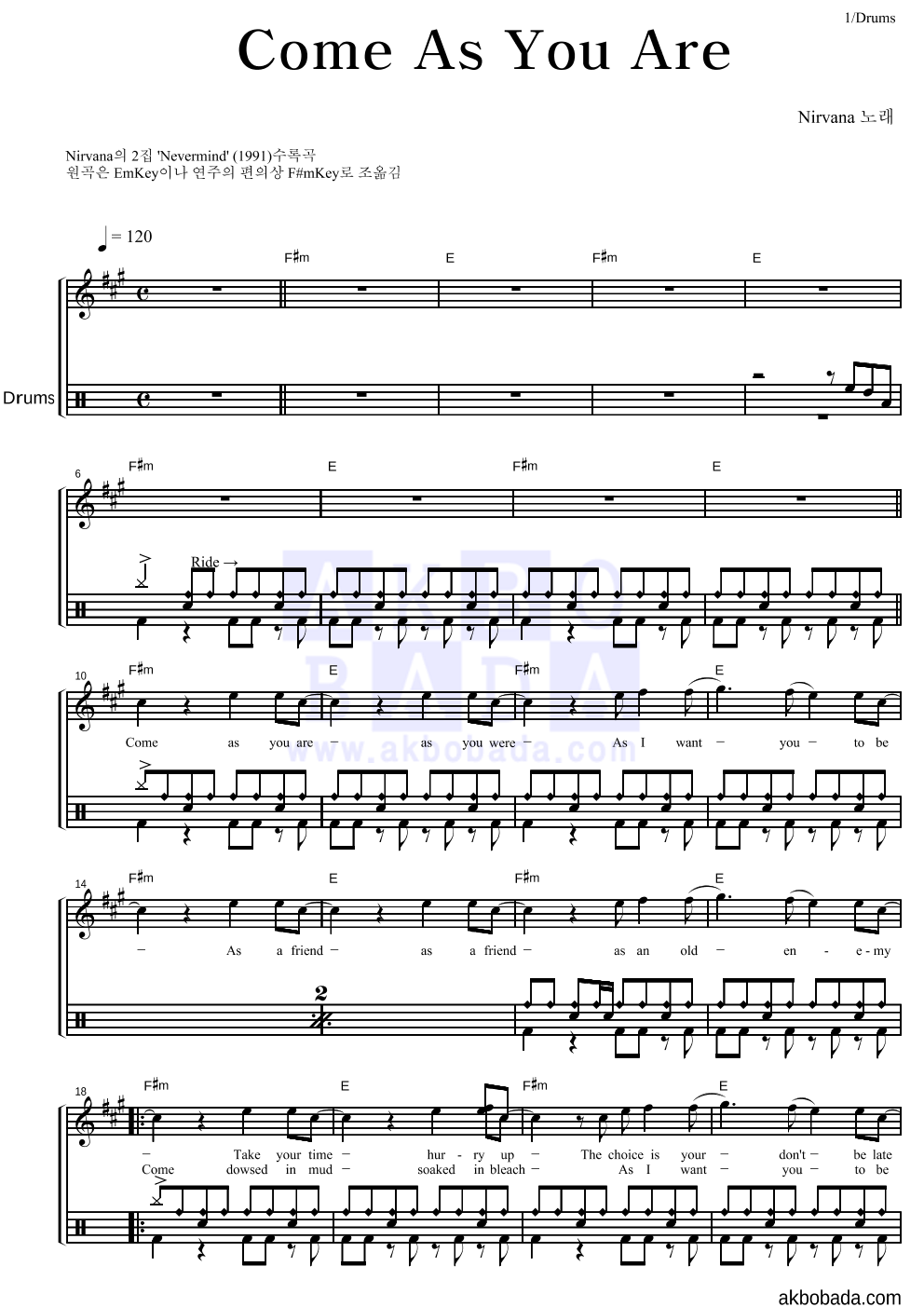 Nirvana - Come As You Are 드럼 악보 