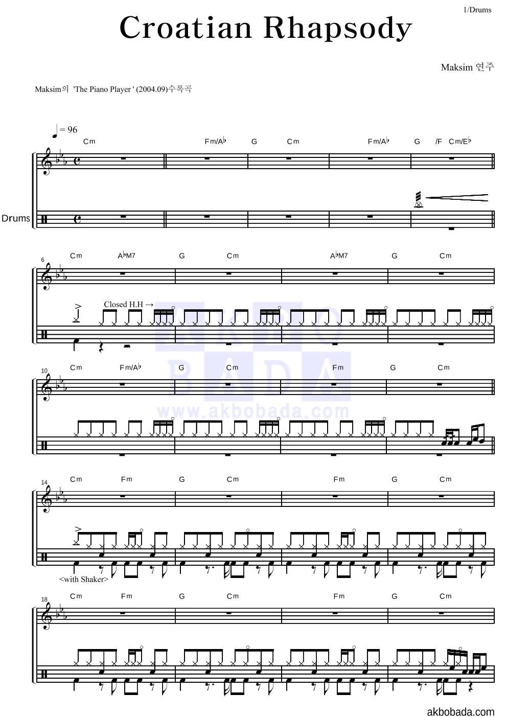 Maksim - Croatian Rhapsody 드럼 악보 