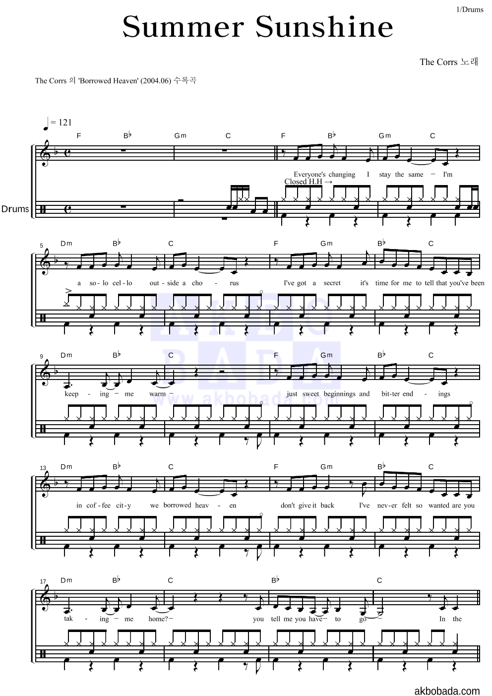 The Corrs - Summer Sunshine 드럼 악보 