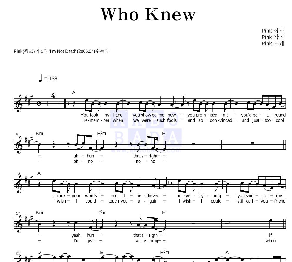 Pink Who Knew 악보 악보바다