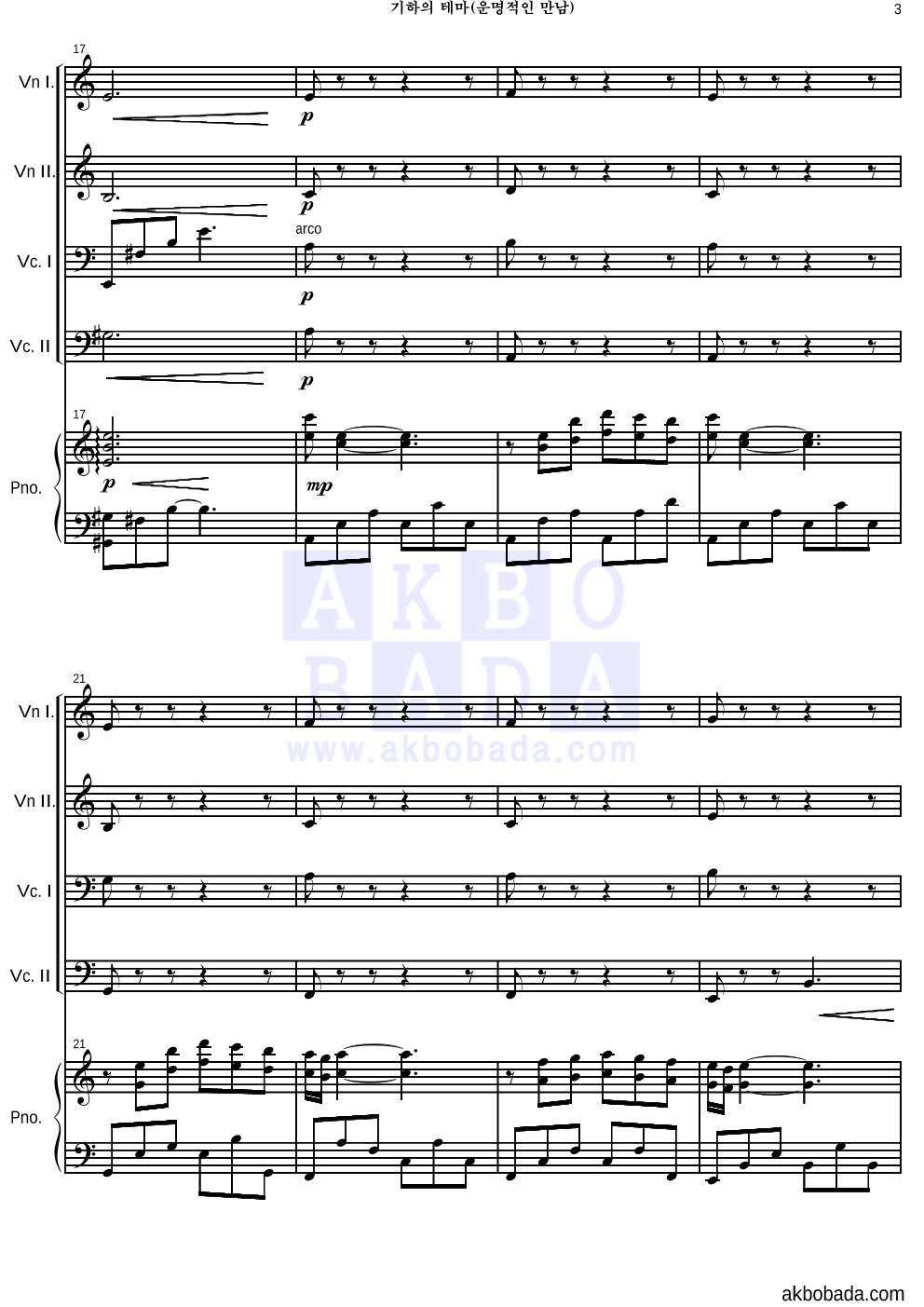 Hisaishi Joe - 기하의 테마 (운명적인 만남) 편성Ⅰ 악보 