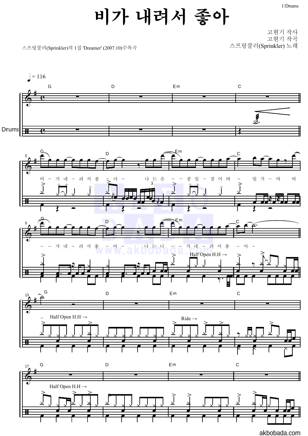 스프링쿨러 - 비가 내려서 좋아 드럼 악보 