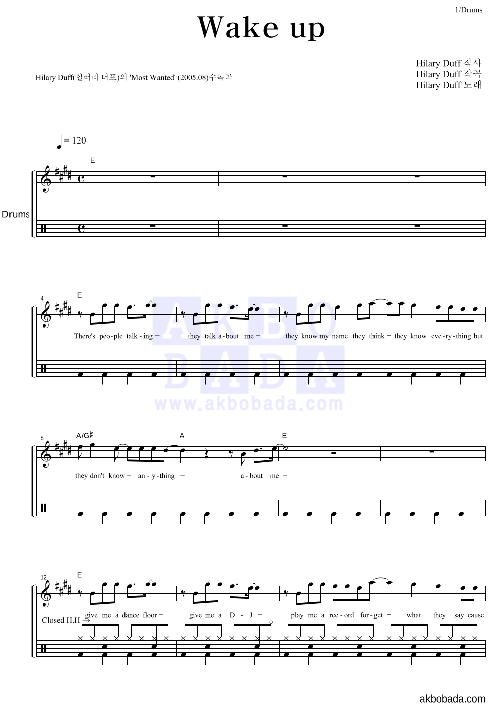 Hilary duff - Wake Up 드럼 악보 
