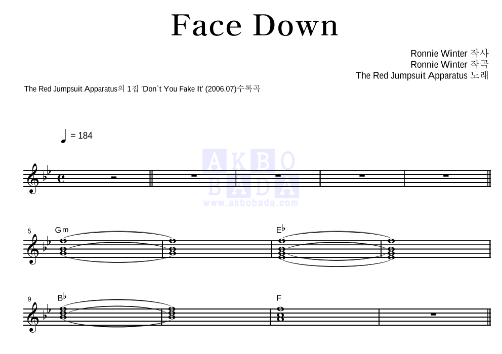 The Red Jumpsuit Apparatus Face Down 악보 악보바다