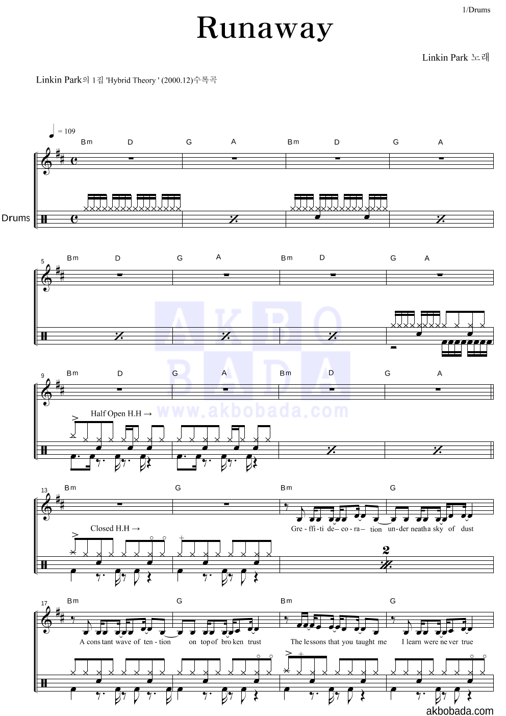 LINKIN PARK - Runaway 드럼 악보 