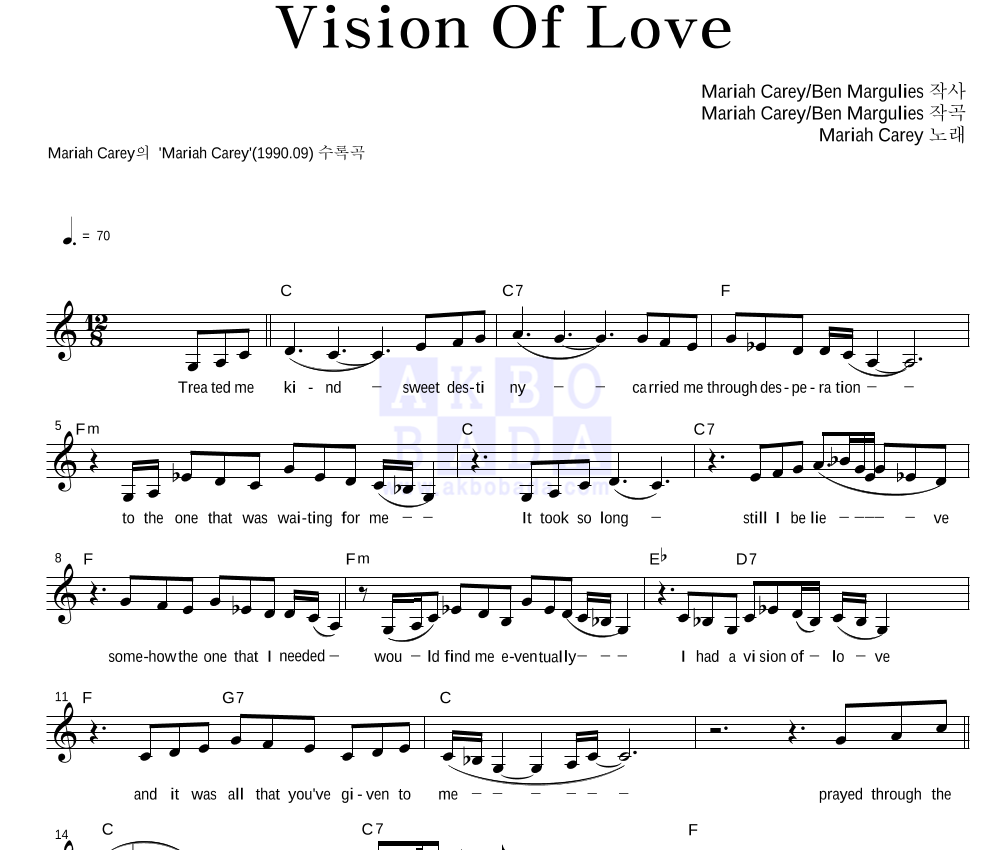 Mariah Carey - Vision Of Love 멜로디 악보 