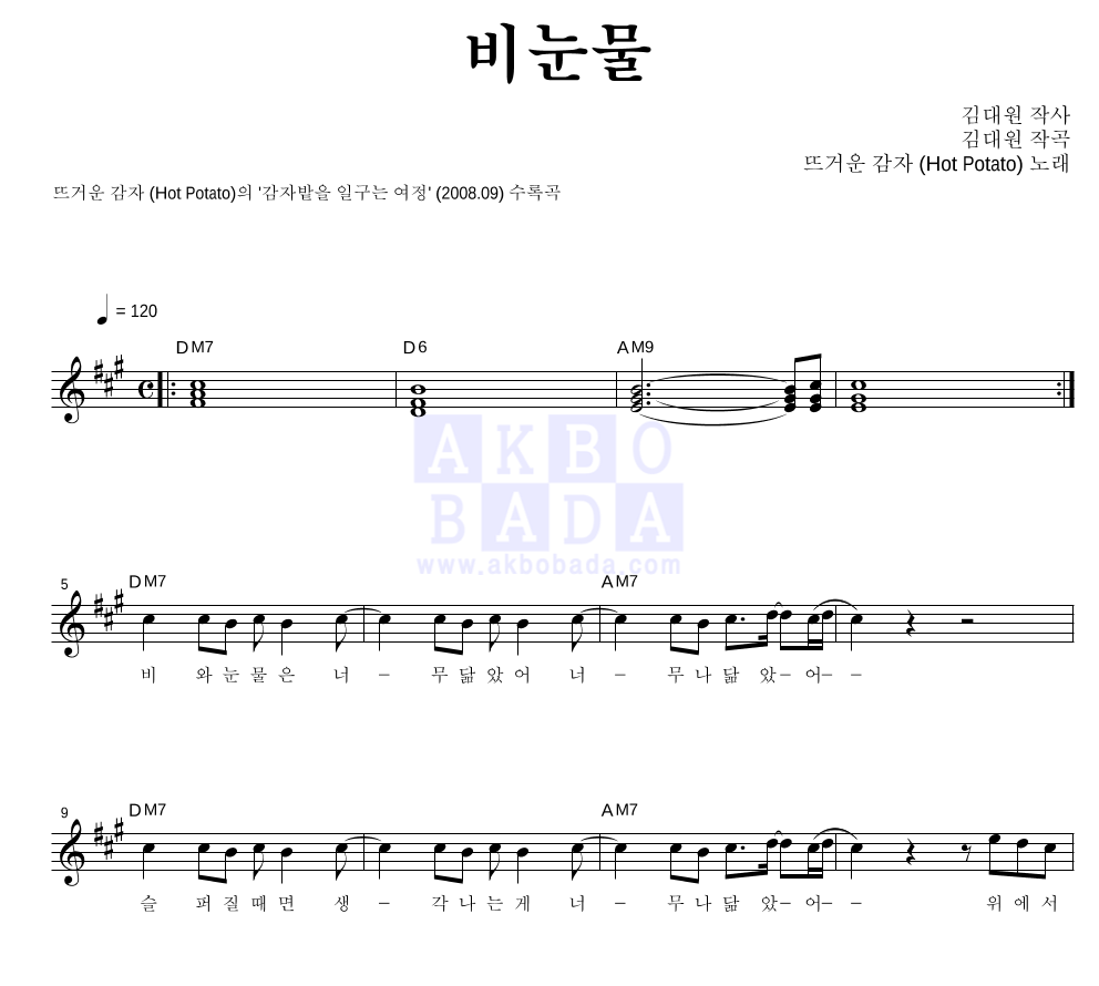 뜨거운 감자 - 비눈물 멜로디 악보 