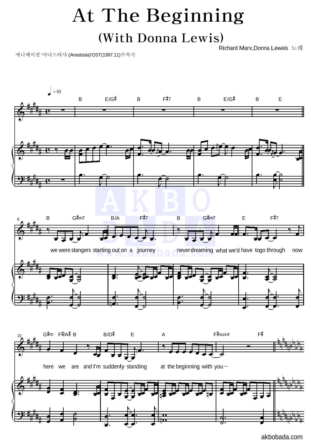 Richard Marx,Donna Lewis - At The Beginning 피아노 3단 악보 