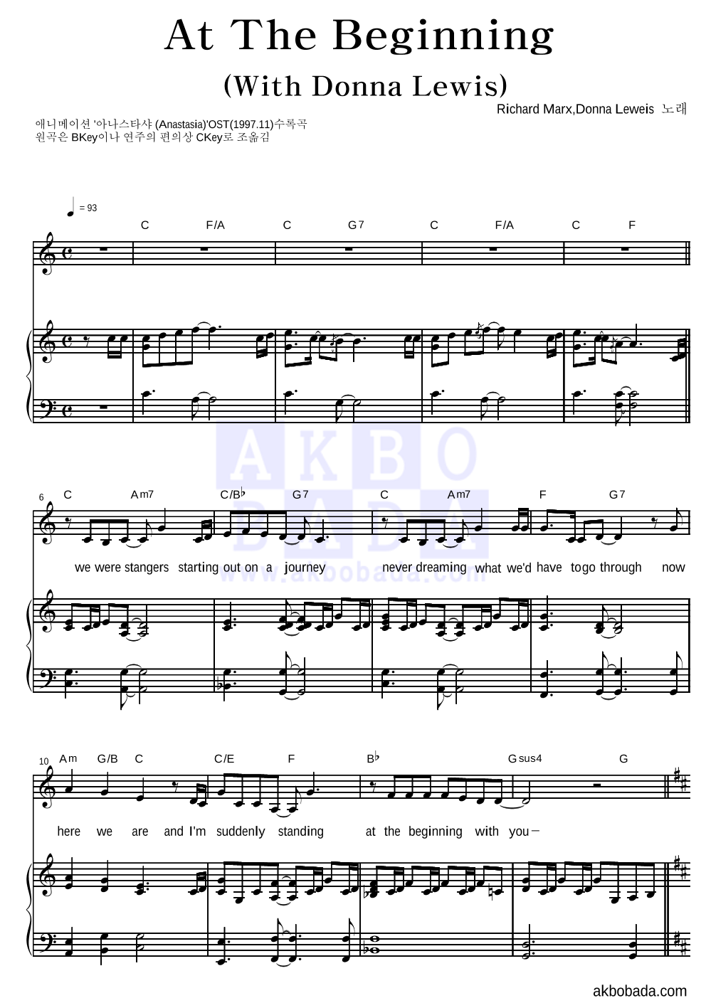 Richard Marx,Donna Lewis - At The Beginning 피아노 3단 악보 