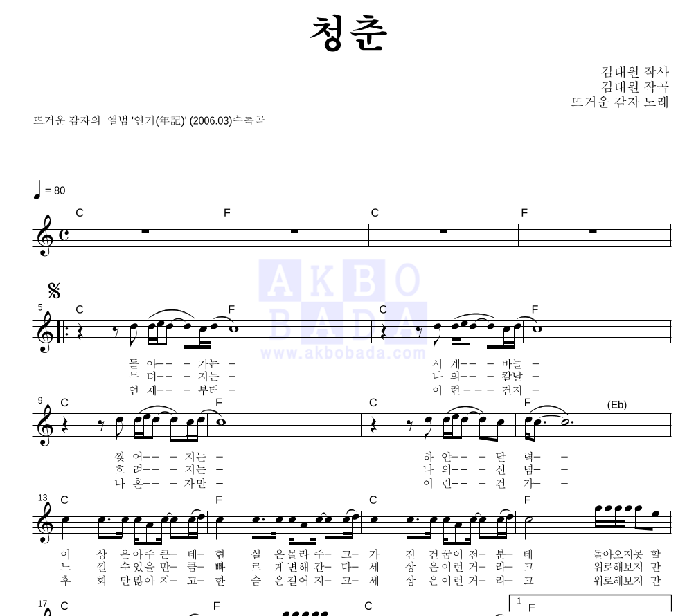 뜨거운 감자 - 청춘 멜로디 악보 