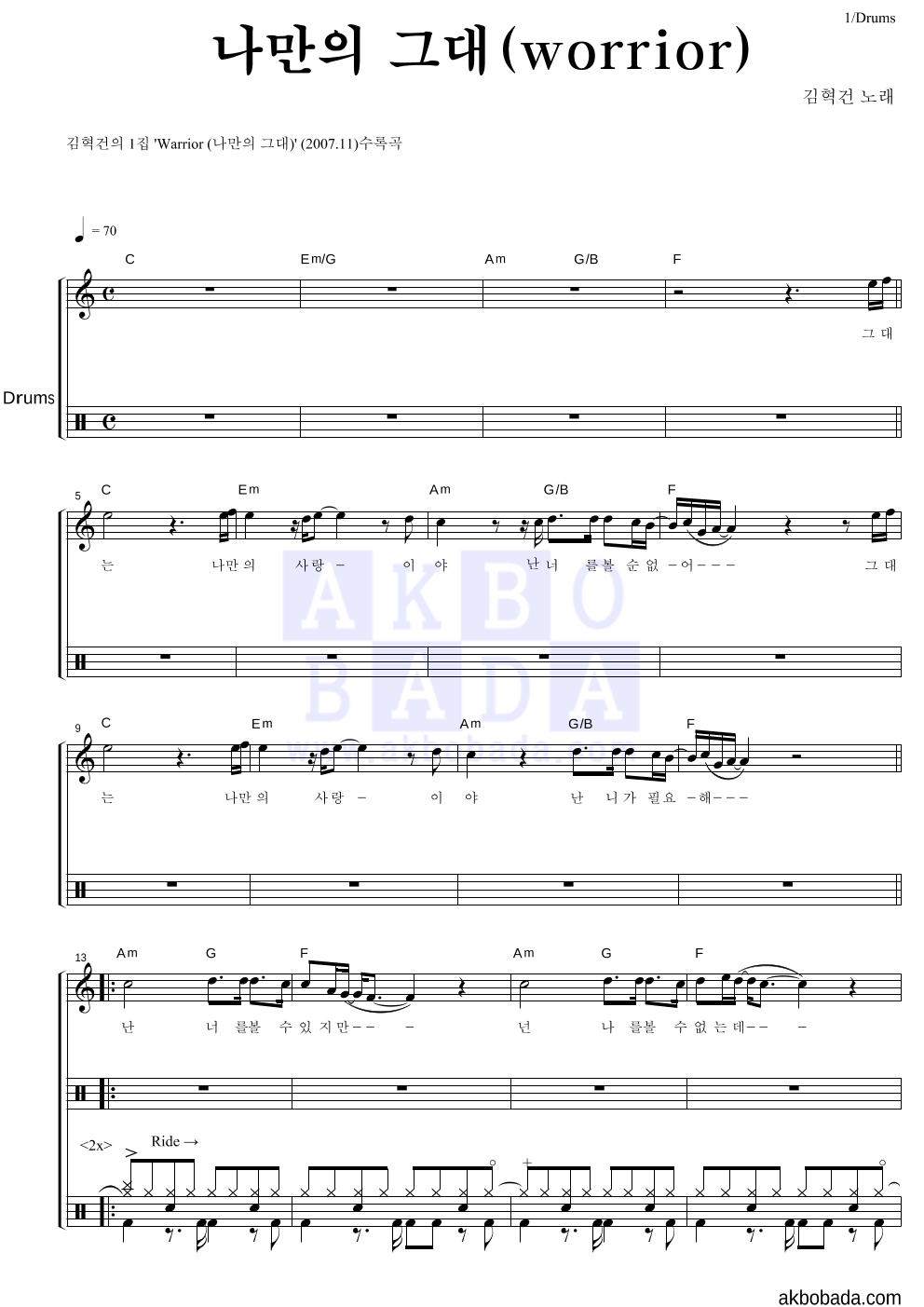김혁건 - 나만의 그대 (Warrior) 드럼 악보 