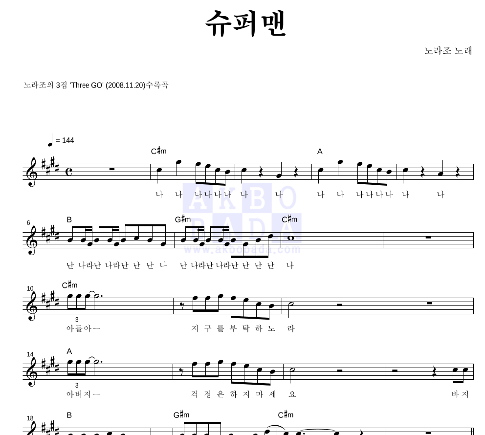 노라조 - 슈퍼맨 멜로디 악보 