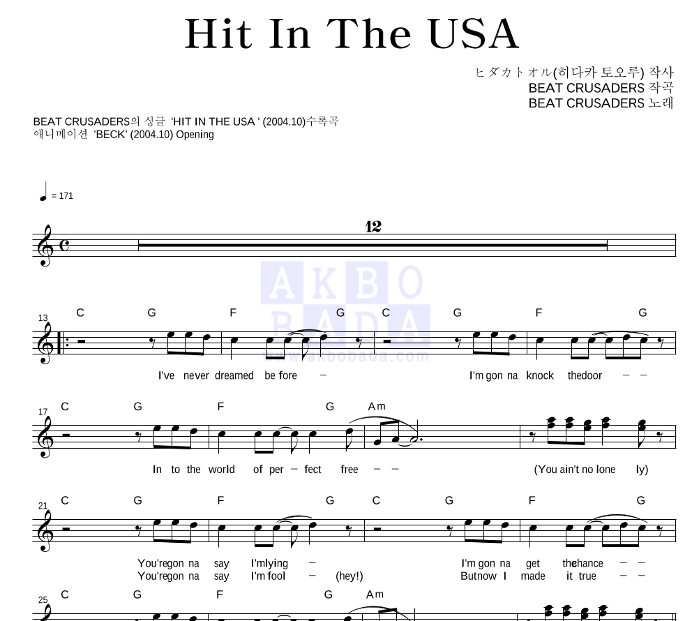 Beat Crusaders - Hit In The USA 멜로디 악보 