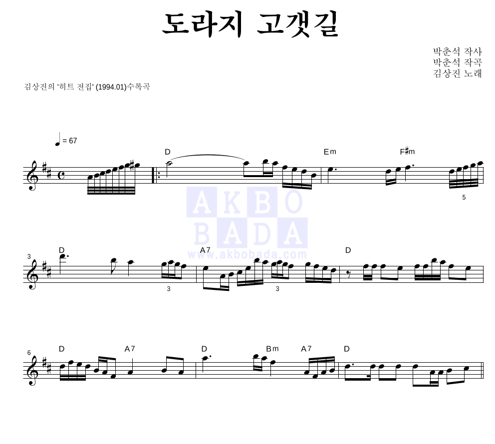 김상진 - 도라지 고갯길 멜로디 악보 