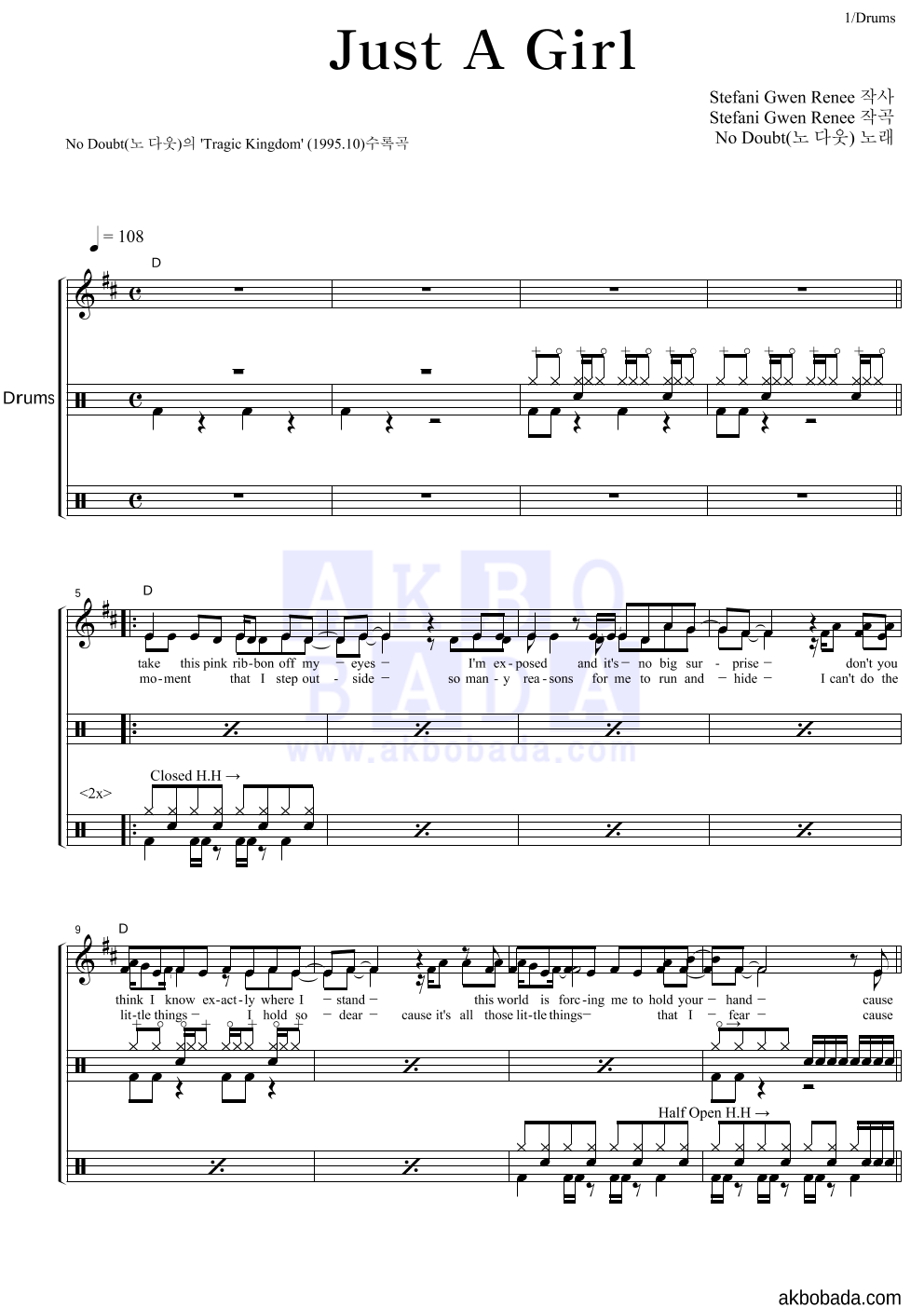 No Doubt - Just A Girl 드럼 악보 