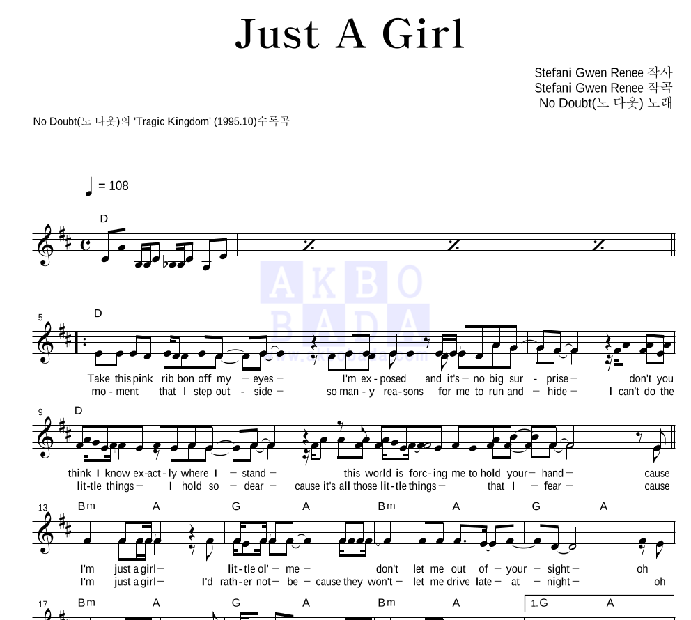 No Doubt - Just A Girl 멜로디 악보 