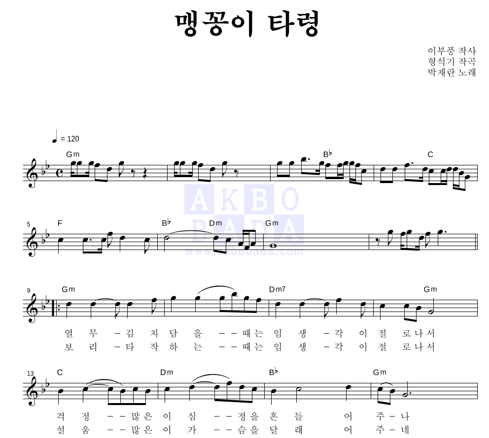 박재란 - 맹꽁이 타령 멜로디 악보 