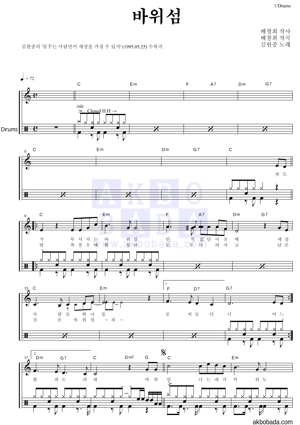 김원중 - 바위섬 드럼 악보 