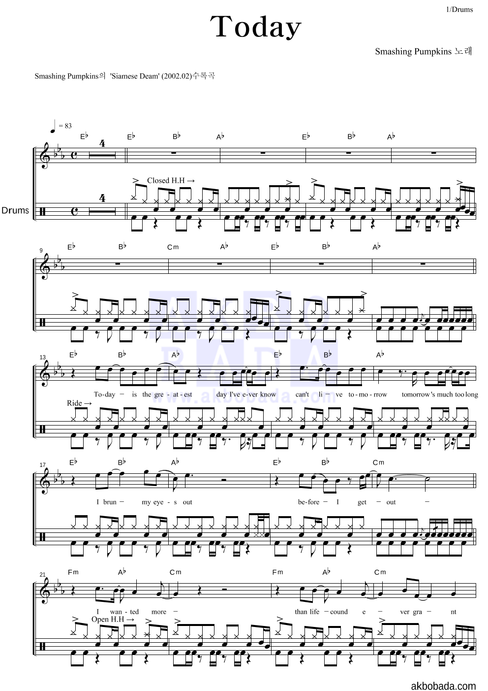 Smashing Pumpkins - Today 드럼 악보 