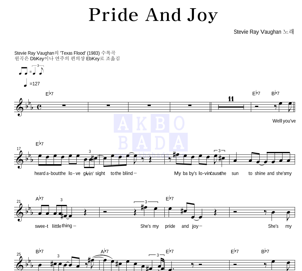 Stevie Ray Vaughan - Pride And Joy 멜로디 악보 