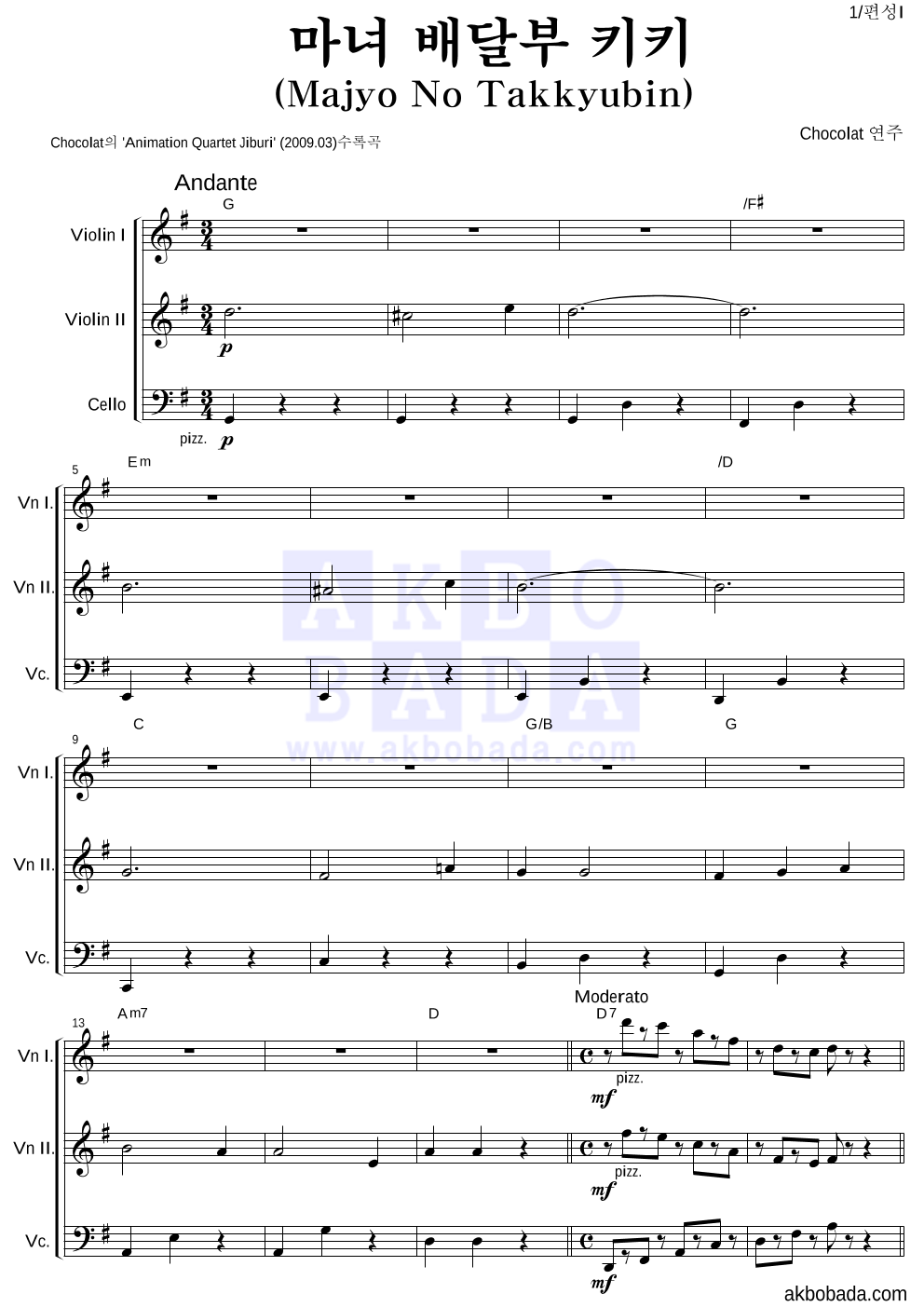 Chocolat (쇼콜라) - 마녀 배달부 키키 (Majyo No Takkyubin) 편성Ⅰ 악보 